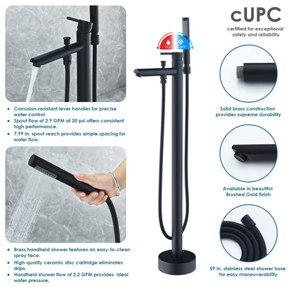 Larod Single Lever Handle Freestanding Floor Mounted Tub Filler with Handshower in Matte Black