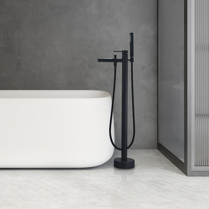 Larod Single Lever Handle Freestanding Floor Mounted Tub Filler with Handshower in Matte Black