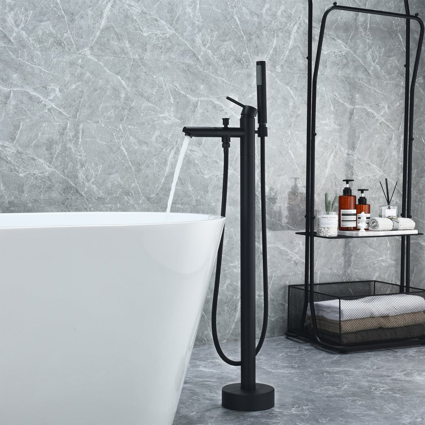 Larod Single Lever Handle Freestanding Floor Mounted Tub Filler with Handshower in Matte Black