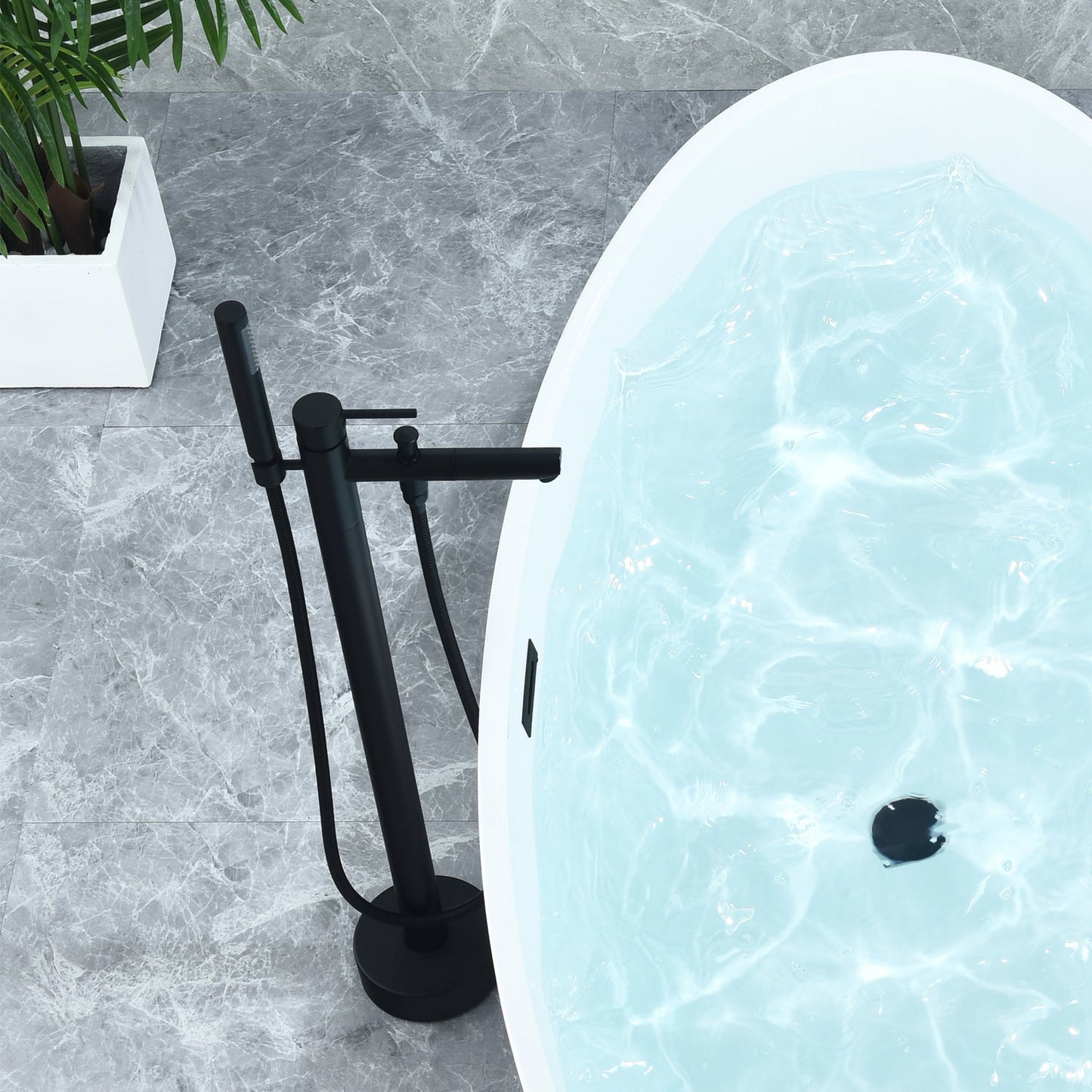 Larod Single Lever Handle Freestanding Floor Mounted Tub Filler with Handshower in Matte Black