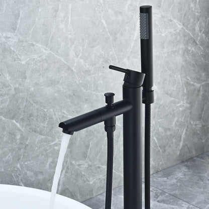 Larod Single Lever Handle Freestanding Floor Mounted Tub Filler with Handshower in Matte Black