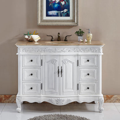 48" Single Sink Cabinet - Travertine Top, Undermount Ivory Ceramic Sink (3-hole)