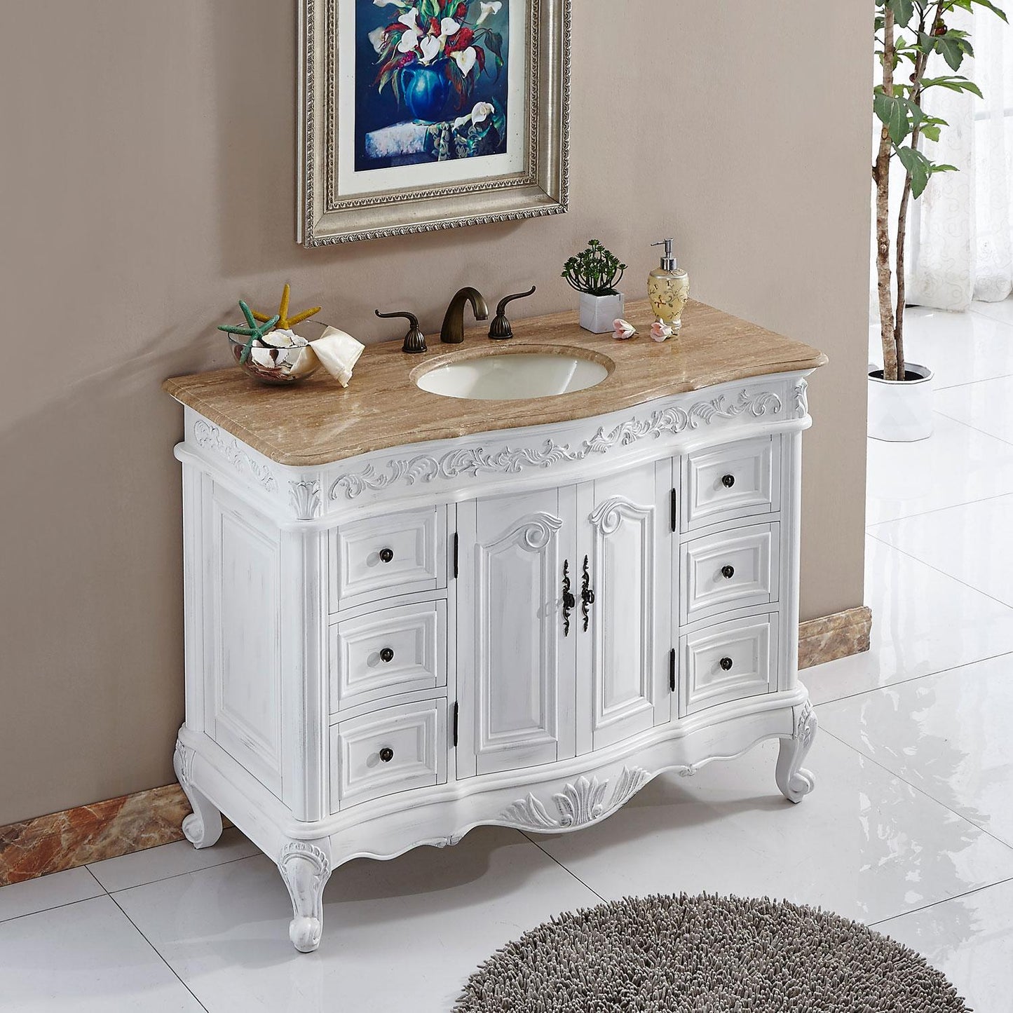 48" Single Sink Cabinet - Travertine Top, Undermount Ivory Ceramic Sink (3-hole)