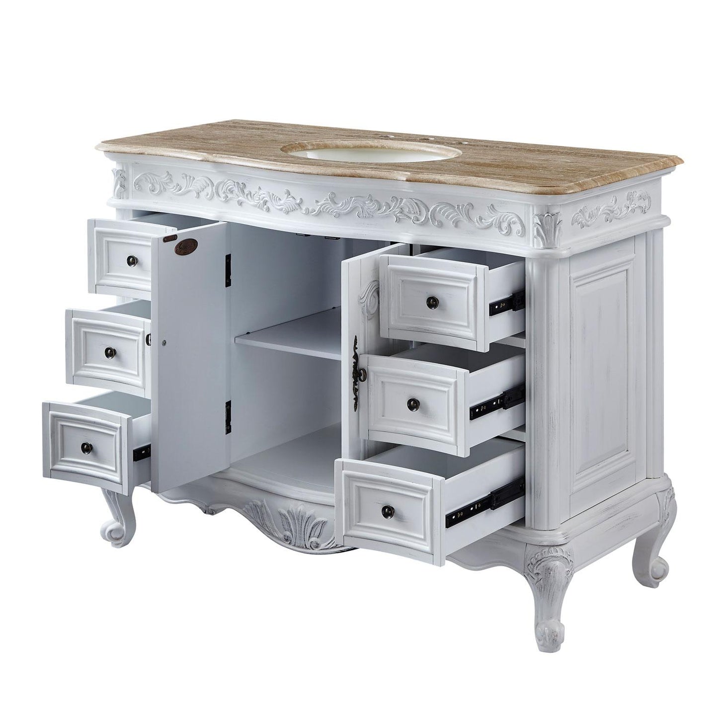 48" Single Sink Cabinet - Travertine Top, Undermount Ivory Ceramic Sink (3-hole)
