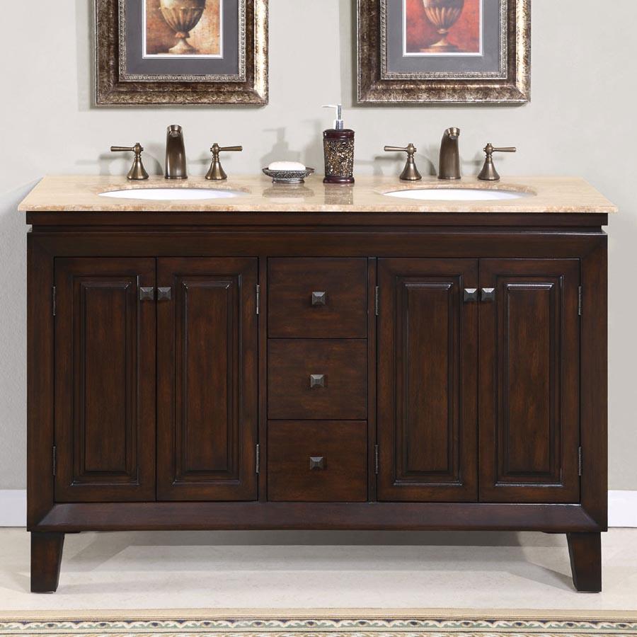 55" Double Sink Cabinet - Travertine Top, Undermount,  White Ceramic Sinks (3-hole)