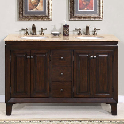 55" Double Sink Cabinet - Travertine Top, Undermount,  White Ceramic Sinks (3-hole)
