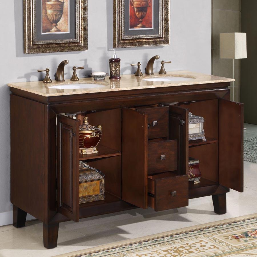 55" Double Sink Cabinet - Travertine Top, Undermount,  White Ceramic Sinks (3-hole)