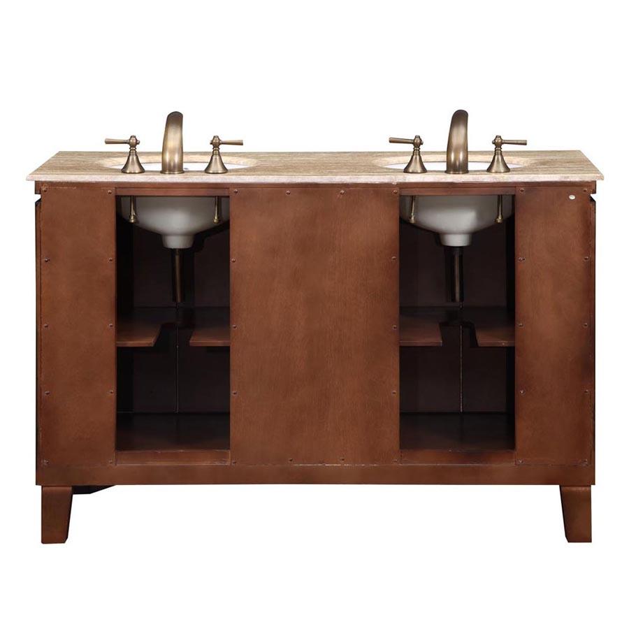 55" Double Sink Cabinet - Travertine Top, Undermount,  White Ceramic Sinks (3-hole)