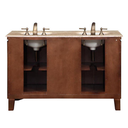 55" Double Sink Cabinet - Travertine Top, Undermount,  White Ceramic Sinks (3-hole)