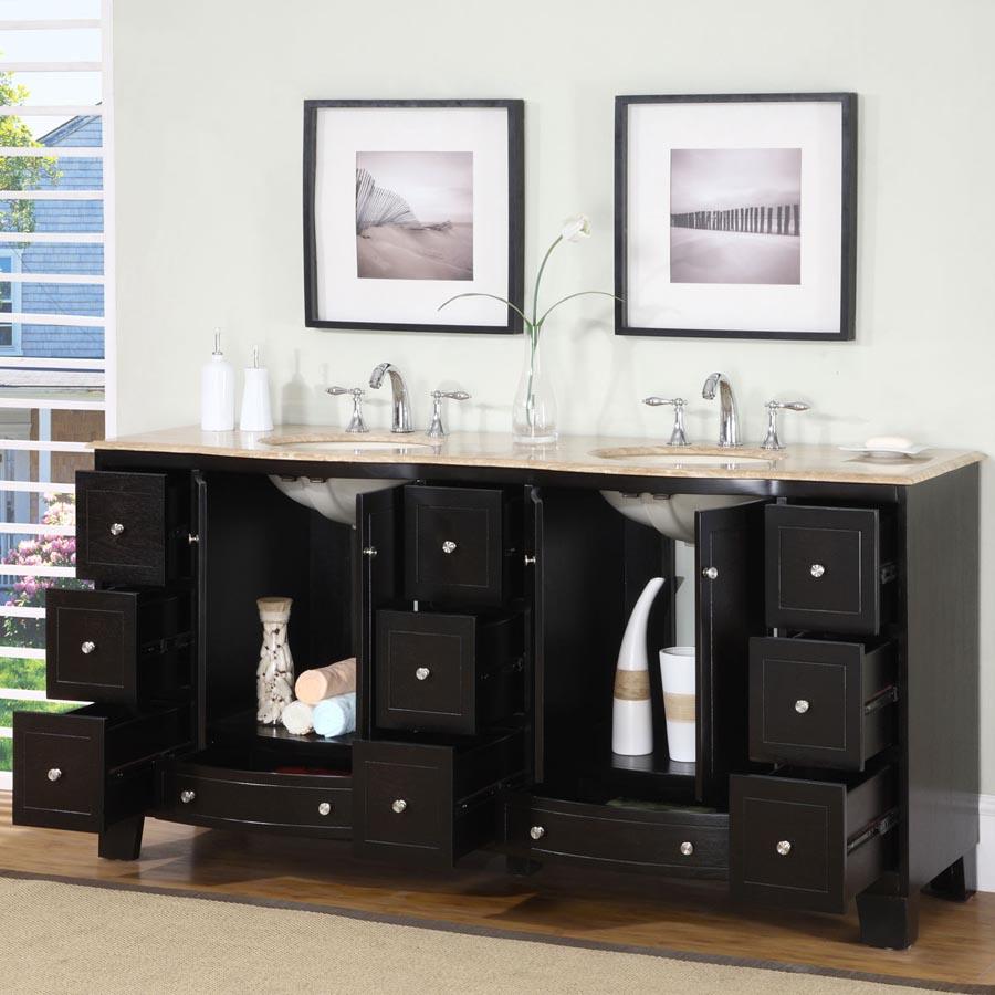 72" Double Sink Cabinet - Travertine Top, Undermount Ivory Ceramic Sinks (3-hole)