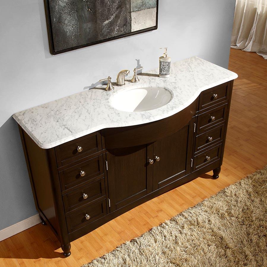 58" Single Sink Cabinet - Carrara White Marble Top, Undermount White Ceramic Sink (3-hole)