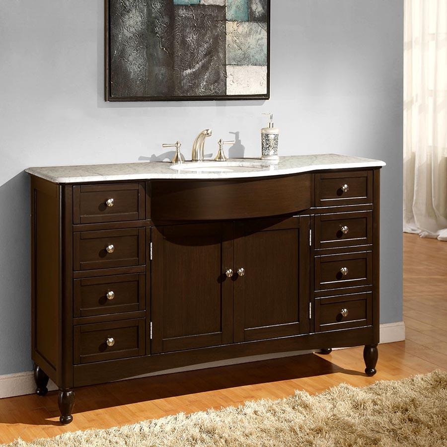 58" Single Sink Cabinet - Carrara White Marble Top, Undermount White Ceramic Sink (3-hole)