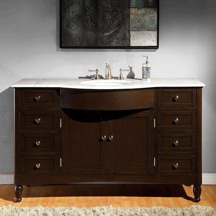 58" Single Sink Cabinet - Carrara White Marble Top, Undermount White Ceramic Sink (3-hole)