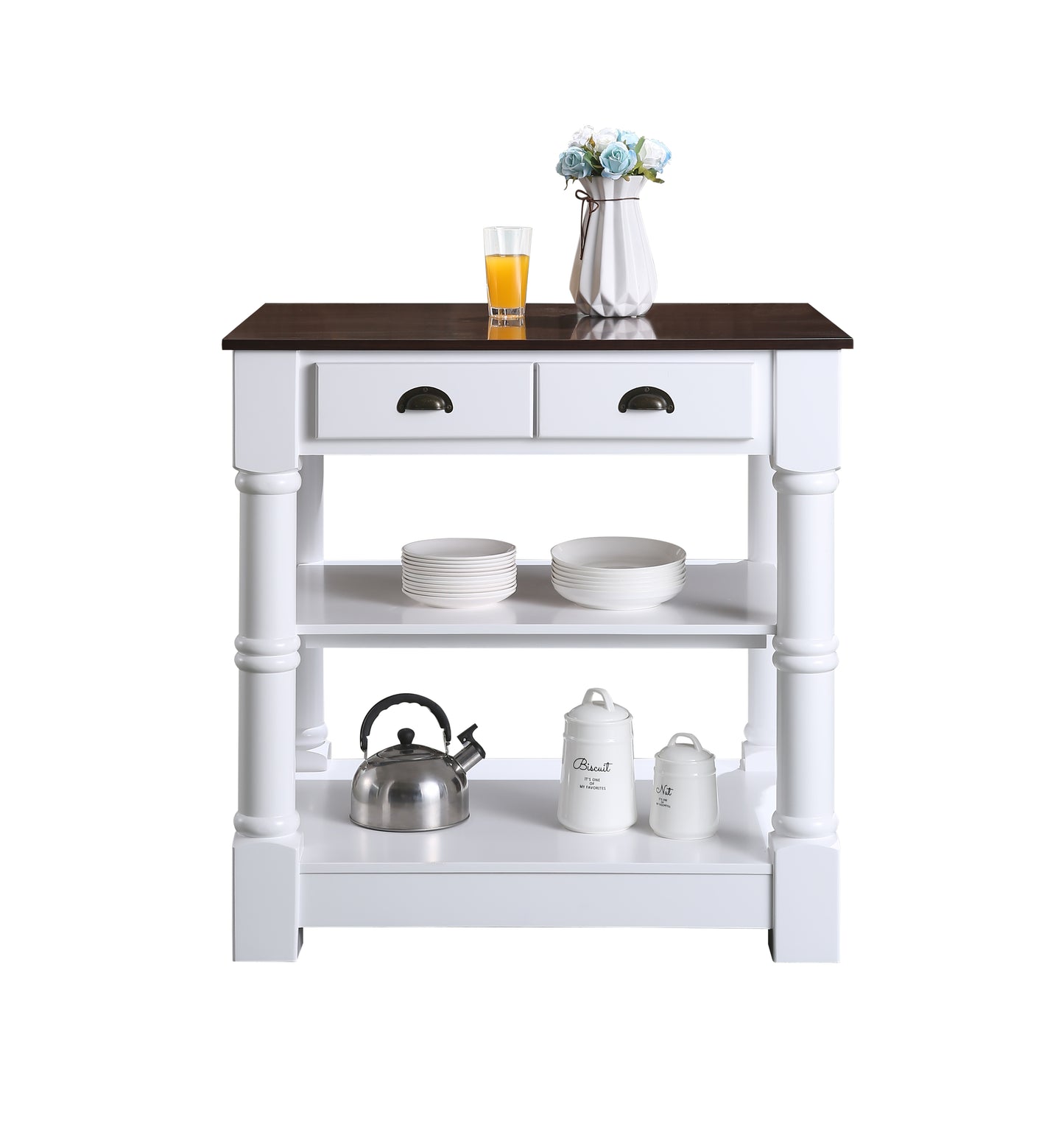 Monterey 36 In. Kitchen Island With Dark Walnut Veneered Wood Countertop in White
