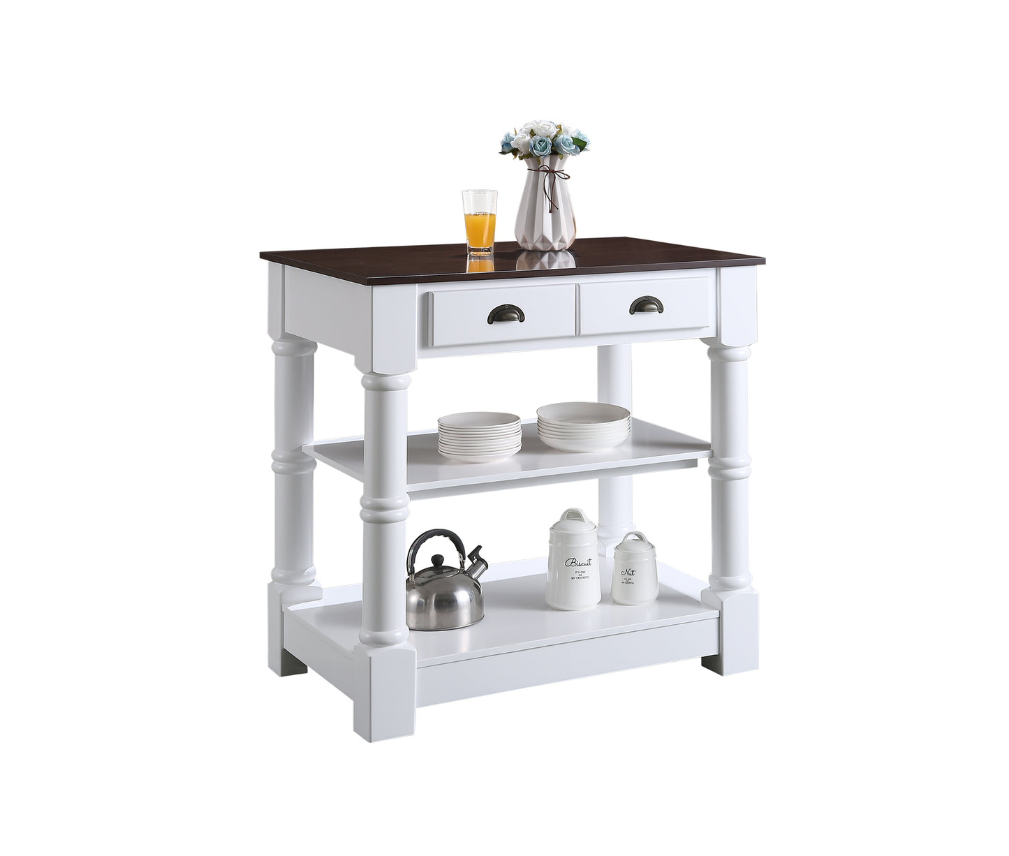Monterey 36 In. Kitchen Island With Dark Walnut Veneered Wood Countertop in White