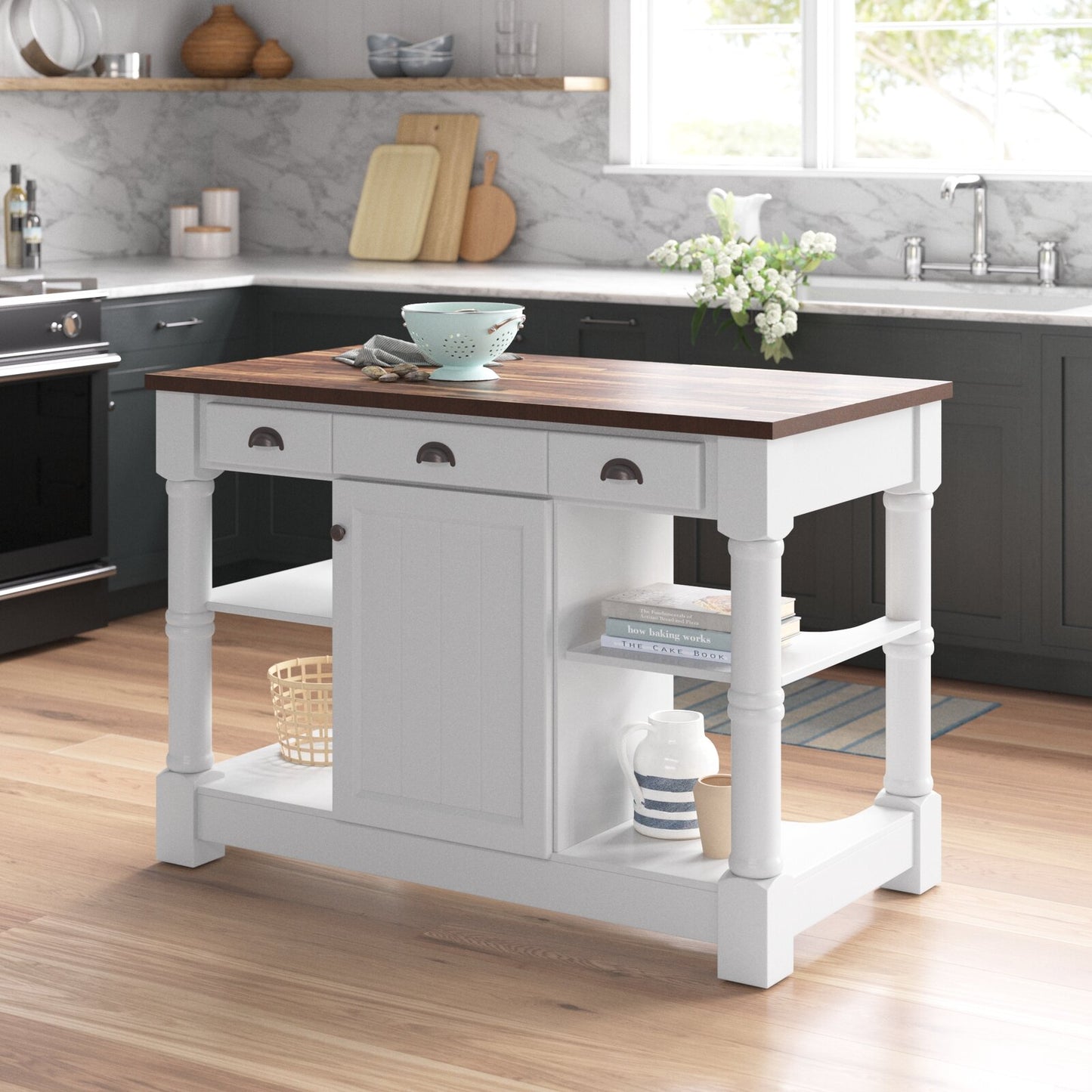 Monterey 36 In. Kitchen Island With Dark Walnut Veneered Wood Countertop in White