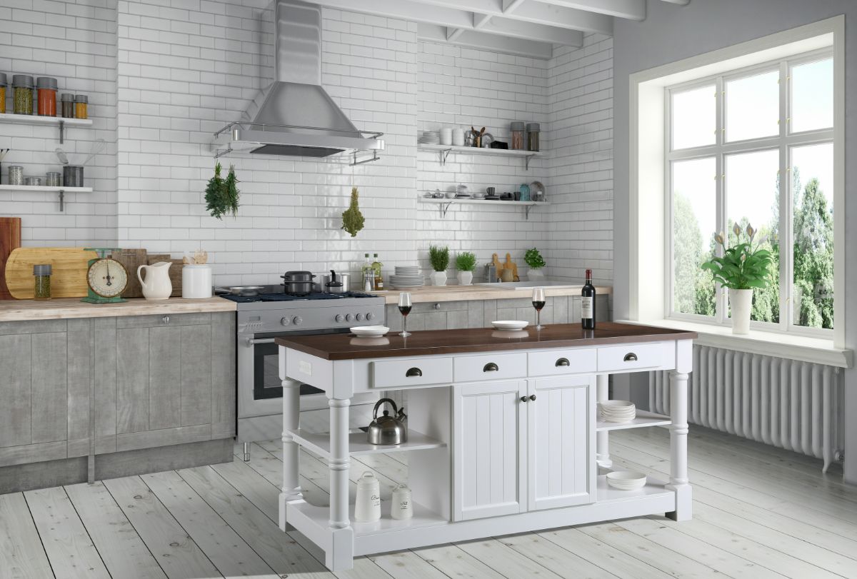 Monterey 80 In. Kitchen Island With Dark Walnut Veneered Wood Countertop in White