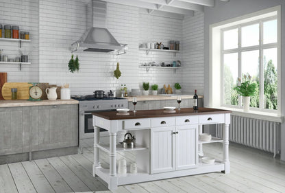 Monterey 80 In. Kitchen Island With Dark Walnut Veneered Wood Countertop in White