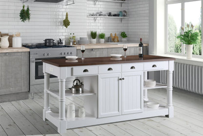 Monterey 80 In. Kitchen Island With Dark Walnut Veneered Wood Countertop in White
