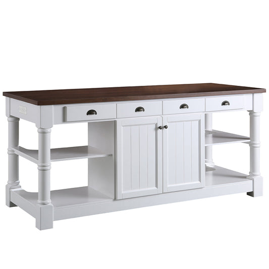 Monterey 80 In. Kitchen Island With Dark Walnut Veneered Wood Countertop in White
