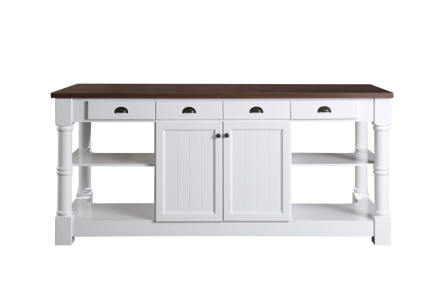 Monterey 80 In. Kitchen Island With Dark Walnut Veneered Wood Countertop in White