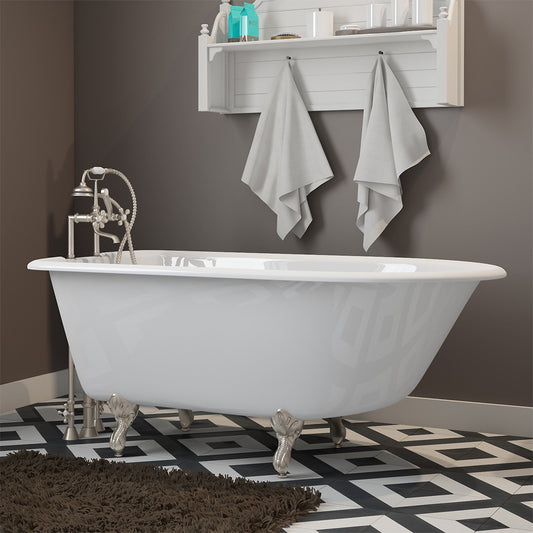 Cast-Iron Rolled Rim Clawfoot Tub 55" X 30" with  7" Deck Mount Faucet Drillings And British Telephone Faucet Complete Brushed Nickel Plumbing Package With Six Inch Deck Mount Risers