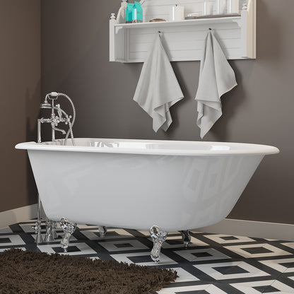 Cast-Iron Rolled Rim Clawfoot Tub 55" X 30" with  7" Deck Mount Faucet Drillings And British Telephone Style Faucet Complete Oil Rubbed Bronze Plumbing Package With Six Inch Deck Mount Risers