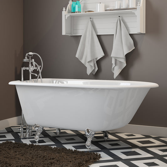 Cast-Iron Rolled Rim Clawfoot Tub 55" X 30" with  7" Deck Mount Faucet Drillings And British Telephone Style Faucet Complete Oil Rubbed Bronze Plumbing Package With Six Inch Deck Mount Risers