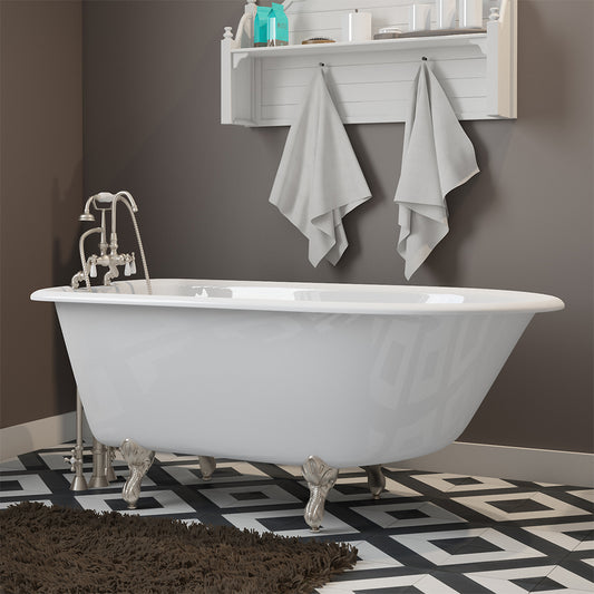 Cast-Iron Rolled Rim Clawfoot Tub 55" X 30" with 7" Deck Mount Faucet Drillings and English Telephone Style Faucet Complete Brushed Nickel Plumbing Package