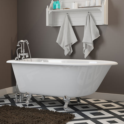 Cast-Iron Rolled Rim Clawfoot Tub 55" X 30" with 7" Deck Mount Faucet Drillings and English Telephone Style Faucet Complete Polished Chrome Plumbing Package