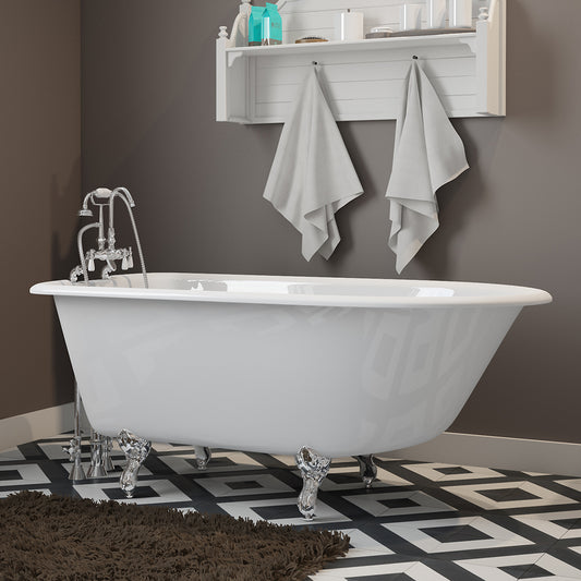 Cast-Iron Rolled Rim Clawfoot Tub 55" X 30" with 7" Deck Mount Faucet Drillings and English Telephone Style Faucet Complete Polished Chrome Plumbing Package