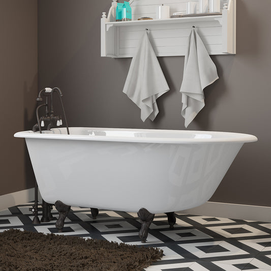 Cast-Iron Rolled Rim Clawfoot Tub 55" X 30" with 7" Deck Mount Faucet Drillings and English Telephone Style Faucet Complete Oil Rubbed Bronze Plumbing Package