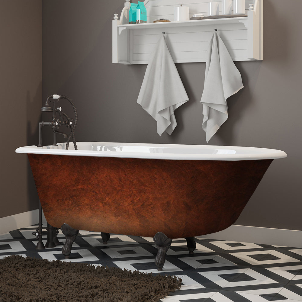 Cast Iron Clawfoot Bathtub 55" X 30" Faux Copper Bronze Finish on Exterior with 7" Deck Mount Faucet Drillings and Oil Rubbed Bronze Feet