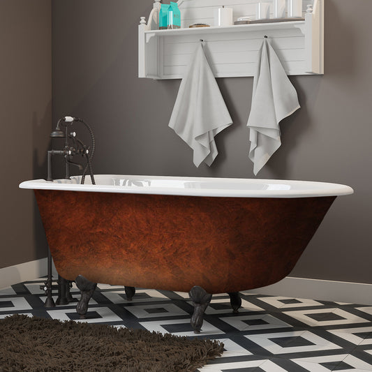 Cast Iron Clawfoot Bathtub 55" X 30" Faux Copper Bronze Finish on Exterior with 7" Deck Mount Faucet Drillings and Oil Rubbed Bronze Feet