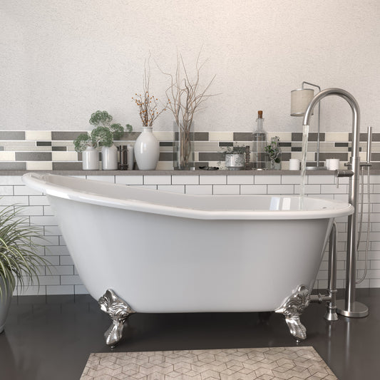 Cast Iron Slipper Clawfoot Tub 61" X 30" with no Faucet Drillings and Complete Brushed Nickel Modern Freestanding Tub Filler with Hand Held Shower Assembly Plumbing Package