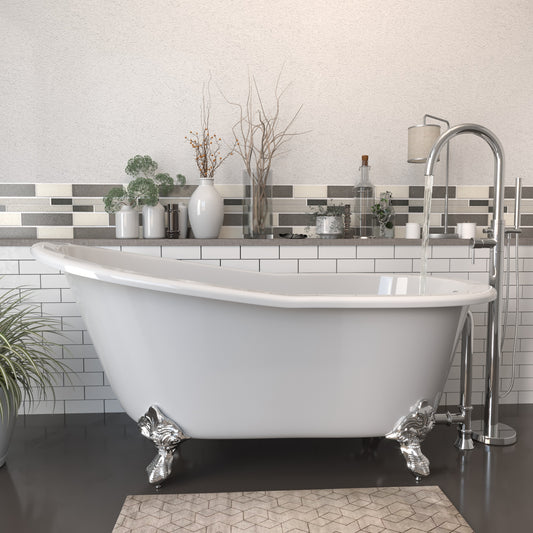 Cast Iron Slipper Clawfoot Tub 61" X 30" with no Faucet Drillings and Complete Polished Chrome Modern Freestanding Tub Filler with Hand Held Shower Assembly Plumbing Package