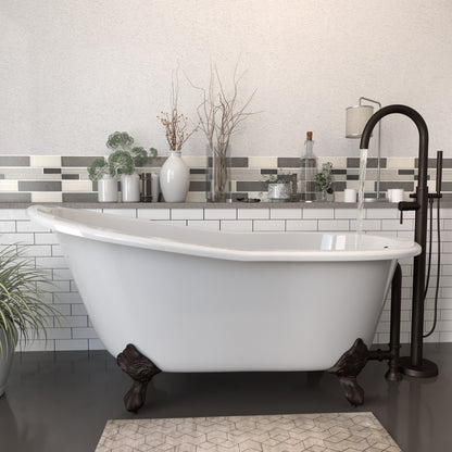 Cast Iron Slipper Clawfoot Tub 61" X 30" with no Faucet Drillings and Complete Oil Rubbed Bronze Modern Freestanding Tub Filler with Hand Held Shower Assembly Plumbing Package