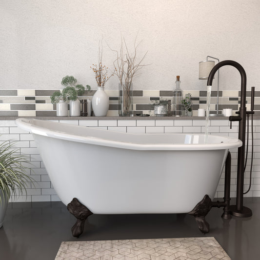 Cast Iron Slipper Clawfoot Tub 61" X 30" with no Faucet Drillings and Complete Oil Rubbed Bronze Modern Freestanding Tub Filler with Hand Held Shower Assembly Plumbing Package