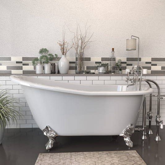 Cast Iron Slipper Clawfoot Tub 61" X 30" with No Faucet Drillings and Complete Free Standing British Telephone Faucet and Hand Held Shower  Brushed Nickel Package