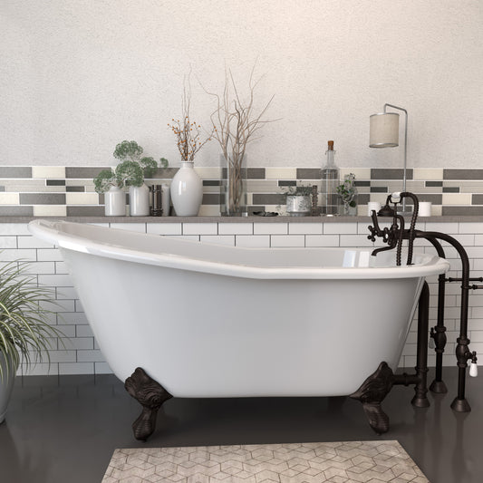 Cast Iron Slipper Clawfoot Tub 61" X 30" with No Faucet Drillings and Complete Free Standing British Telephone Faucet and Hand Held Shower  Oil Rubbed Bronze Package