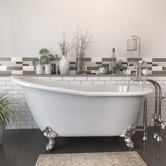 Cast Iron Slipper Clawfoot Tub 61" X 30" with no Faucet Drillings and Complete Brushed Nickel Free Standing English Telephone Style Faucet with Hand Held Shower Assembly Plumbing Package