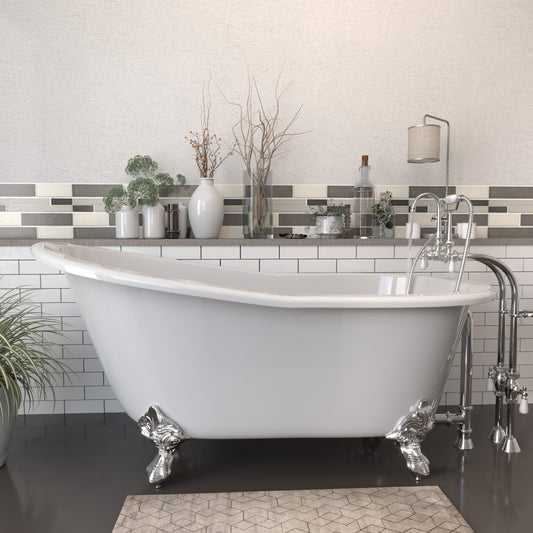 Cast Iron Slipper Clawfoot Tub 61" X 30" with no Faucet Drillings and Complete Polished Chrome Free Standing English Telephone Style Faucet with Hand Held Shower Assembly Plumbing Package