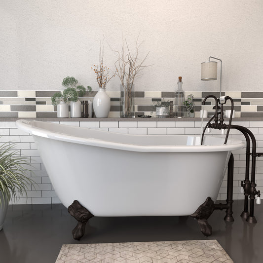 Cast Iron Slipper Clawfoot Tub 61" X 30" with no Faucet Drillings and Complete Oil Rubbed Bronze Free Standing English Telephone Style Faucet with Hand Held Shower Assembly Plumbing Package