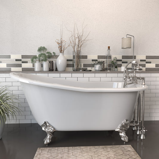 Cast Iron Slipper Clawfoot Tub 61" X 30" with 7" Deck Mount Faucet Drillings and Complete Brushed Nickel Plumbing Package