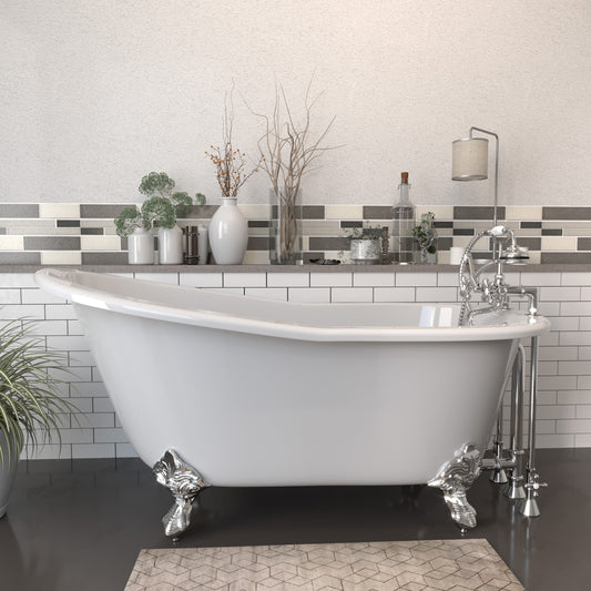 Cast Iron Slipper Clawfoot Tub 61" X 30" with 7" Deck Mount Faucet Drillings and Complete Polished Chrome Plumbing Package