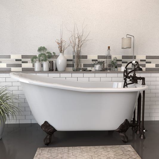 Cast Iron Slipper Clawfoot Tub 61" X 30" with 7" Deck Mount Faucet Drillings and Complete Oil Rubbed Bronze Plumbing Package