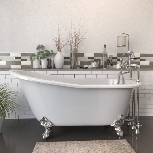 Cast Iron Slipper Clawfoot Tub 61" X 30" with 7" Deck Mount Faucet Drillings and British Telephone Style Faucet Complete Brushed Nickel Plumbing Package With Six Inch Deck Mount Risers