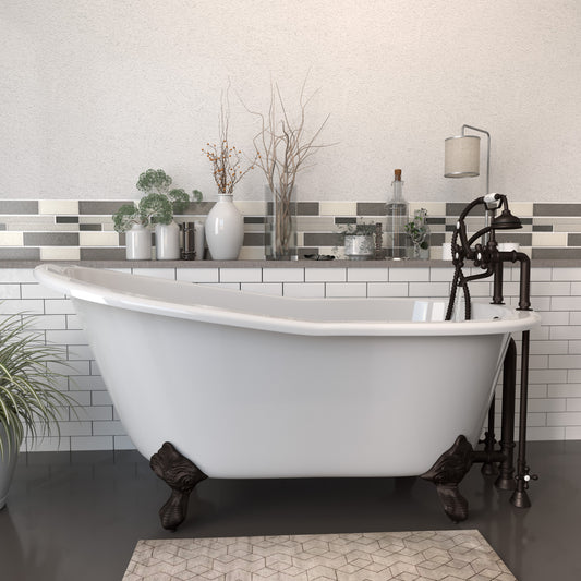 Cast Iron Slipper Clawfoot Tub 61" X 30" with 7" Deck Mount Faucet Drillings and British Telephone Style Faucet Complete Oil Rubbed Bronze Plumbing Package With Six Inch Deck Mount Risers