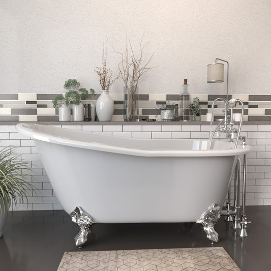 Cast Iron Slipper Clawfoot Tub 61" X 30" with 7" Deck Mount Faucet Drillings and English Telephone Style Faucet Complete Polished Chrome Plumbing Package
