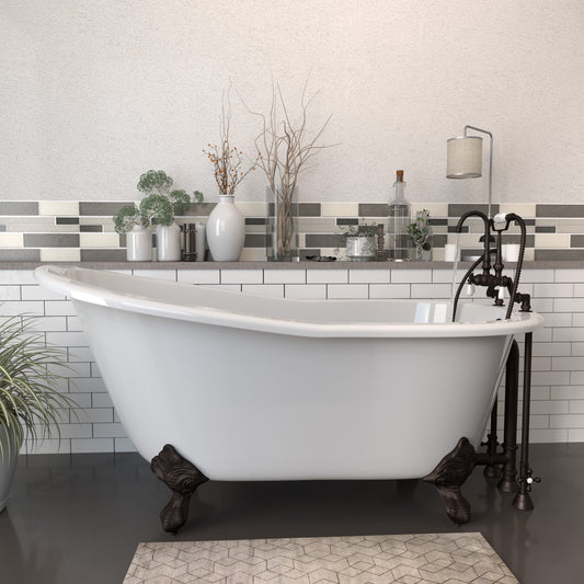 Cast Iron Slipper Clawfoot Tub 61" X 30" with  7" Deck Mount Faucet Drillings and English Telephone Style Faucet Complete Oil Rubbed Bronze Plumbing Package